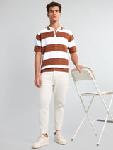 Eclair Brown Knitted Cotton Zipper Polo T-Shirt