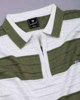 Eclair Green Knitted Cotton Zipper Polo T-Shirt