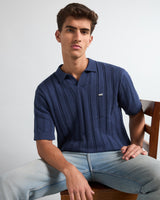 Syntax NavyBlue Knitted Melange Cotton Polo T-Shirt