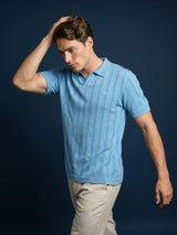 Syntax Water Blue Knitted Melange Cotton Polo T-Shirt
