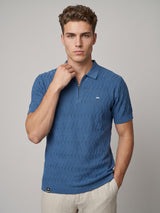 Eclipse Blue Knitted Cotton Zipper Polo T-Shirt