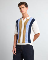 Blue With White Candy Stripe Knitted Cotton Polo T-Shirt