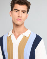 Blue With White Candy Stripe Knitted Cotton Polo T-Shirt