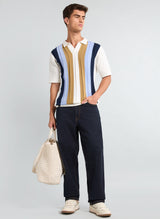 Blue With White Candy Stripe Knitted Cotton Polo T-Shirt