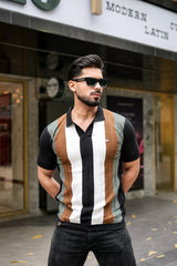 Brown With Black Candy Stripe Knitted Cotton Polo T-Shirt