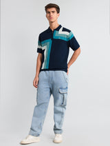 Kelvin Blue Knitted Cotton Zipper Polo Designer T-Shirt