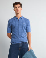 Tbesta SkyBlue Knitted Melange Cotton Zipper Polo T-Shirt
