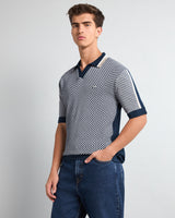 Tuna Blue With White Knitted Cotton Polo T-Shirt