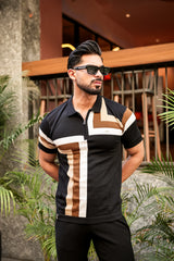 Kelvin Black Knitted Cotton Zipper Polo Designer T-Shirt