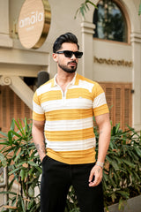 Eclair Turmeric Yellow Knitted Cotton Zipper Polo T-Shirt