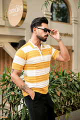 Eclair Turmeric Yellow Knitted Cotton Zipper Polo T-Shirt