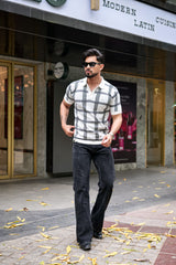 Zota White With Black Check Knitted Cotton Polo T-Shirt