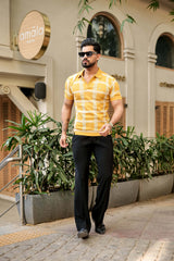 Zota Yellow With White Check Knitted Cotton Polo T-Shirt