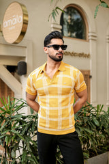 Zota Yellow With White Check Knitted Cotton Polo T-Shirt