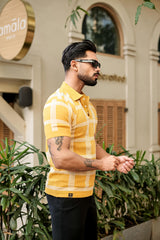 Zota Yellow With White Check Knitted Cotton Polo T-Shirt