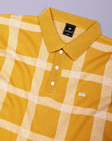Zota Yellow With White Check Knitted Cotton Polo T-Shirt