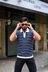 Selvin Blue With White Stripe Knitted Cotton Polo T-Shirt