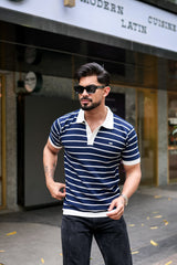 Selvin Blue With White Stripe Knitted Cotton Polo T-Shirt