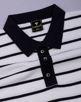 Selvin White With Black Stripe Knitted Cotton Polo T-Shirt