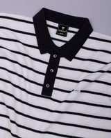 Selvin White With Black Stripe Knitted Cotton Polo T-Shirt