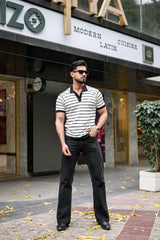 Selvin White With Black Stripe Knitted Cotton Polo T-Shirt
