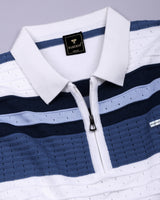 Frosty Blue Stripe Knitted Cotton Zipper Polo T-Shirt