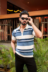 Frosty Blue Stripe Knitted Cotton Zipper Polo T-Shirt