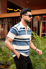 Frosty Blue Stripe Knitted Cotton Zipper Polo T-Shirt