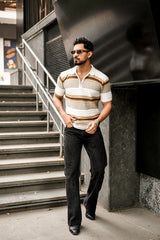 Frosty Cream Stripe Knitted Cotton Zipper Polo T-Shirt