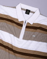 Frosty Cream Stripe Knitted Cotton Zipper Polo T-Shirt