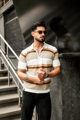 Frosty Cream Stripe Knitted Cotton Zipper Polo T-Shirt