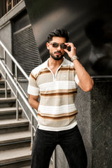 Frosty Cream Stripe Knitted Cotton Zipper Polo T-Shirt