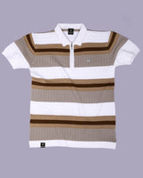 Frosty Cream Stripe Knitted Cotton Zipper Polo T-Shirt