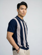 Jiron Blue Knitted Cotton Zipper Polo T-Shirt