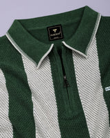 Jiron Green Knitted Cotton Zipper Polo T-Shirt