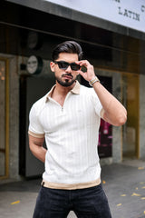 Venosa White Knitted Cotton Zipper Polo T-Shirt