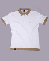 Venosa White Knitted Cotton Zipper Polo T-Shirt