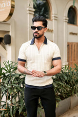 Venosa Cream Knitted Cotton Zipper Polo T-Shirt