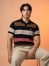 Mistral Black Multicolor Stripe Knitted Cotton Polo T-Shirt