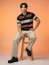 Mistral Black Multicolor Stripe Knitted Cotton Polo T-Shirt