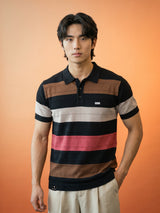 Mistral Black Multicolor Stripe Knitted Cotton Polo T-Shirt