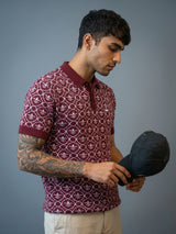 Wavy Maroon Melange Knitted Cotton Polo T-Shirt