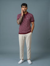 Wavy Maroon Melange Knitted Cotton Polo T-Shirt