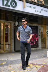 Wavy Blue Knitted Cotton Polo T-Shirt