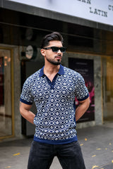 Wavy Blue Knitted Cotton Polo T-Shirt