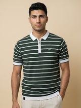 Yorkton Green Stripe Knitted Cotton Zipper Polo T-Shirt