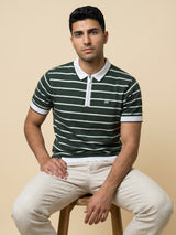 Yorkton Green Stripe Knitted Cotton Zipper Polo T-Shirt