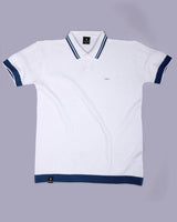 Ternary Blue And White Knitted Cotton Polo T-Shirt