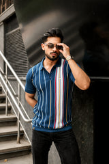Slice Blue Multicolor Knitted Cotton Polo T-Shirt