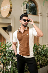 Sloth Brown With White Knitted Cotton Polo Designer T-Shirt
